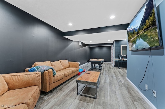 interior space with recessed lighting, pool table, baseboards, and light wood-style floors