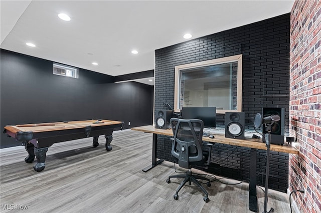 office space with baseboards, recessed lighting, wood finished floors, and pool table