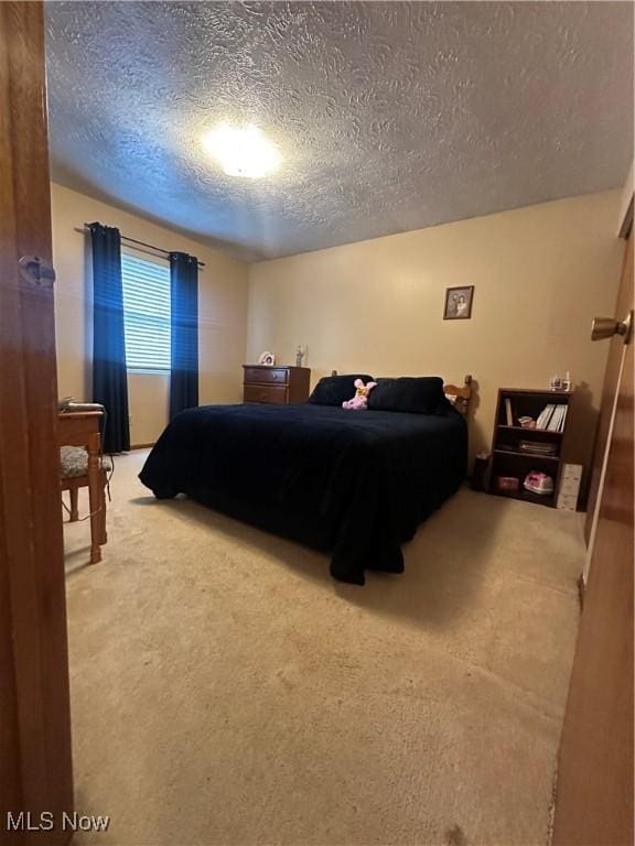 bedroom with carpet flooring and a textured ceiling
