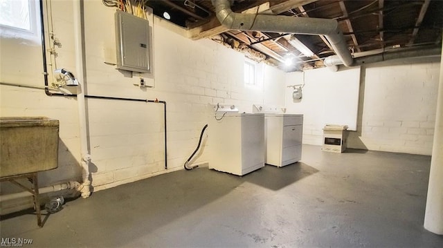 3996 Bluestone Rd, Cleveland Heights, OH 44121 - below grade area featuring independent washer and dryer, concrete block wall, and electric panel