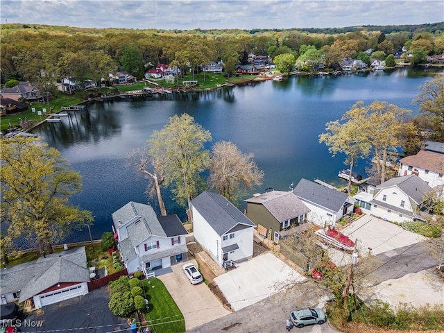drone / aerial view featuring a water view and a residential view