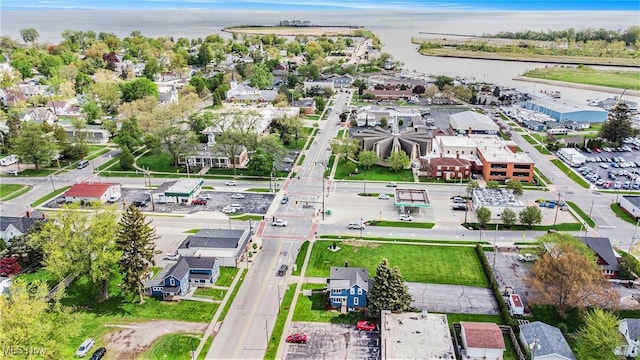 bird's eye view with a water view