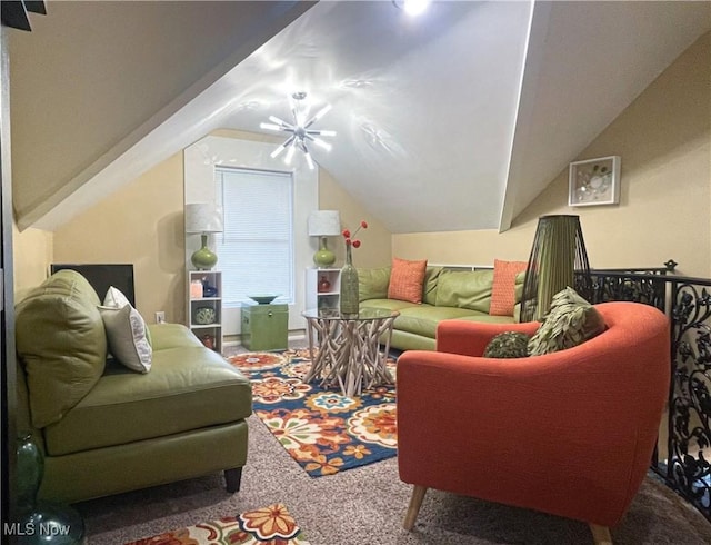 living area featuring carpet and vaulted ceiling
