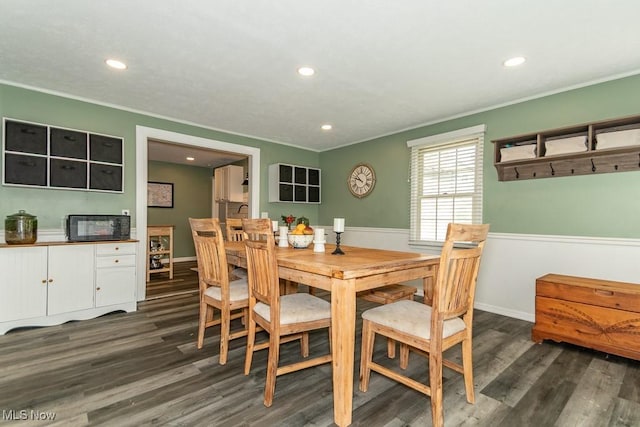 7599 Fairview Ave, Mentor, OH 44060 - dining space with dark wood-style flooring, baseboards, recessed lighting, and ornamental molding