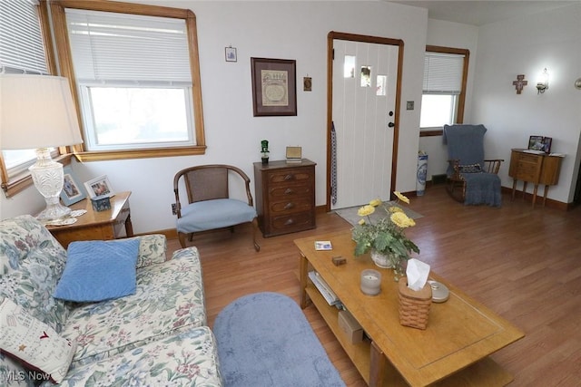 living area featuring baseboards and wood finished floors