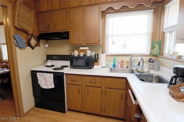 kitchen featuring exhaust hood, black microwave, a sink, light countertops, and electric stove