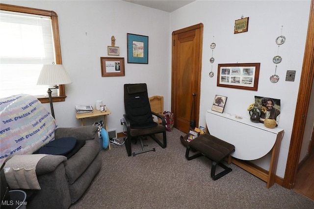 living area with carpet floors and baseboards