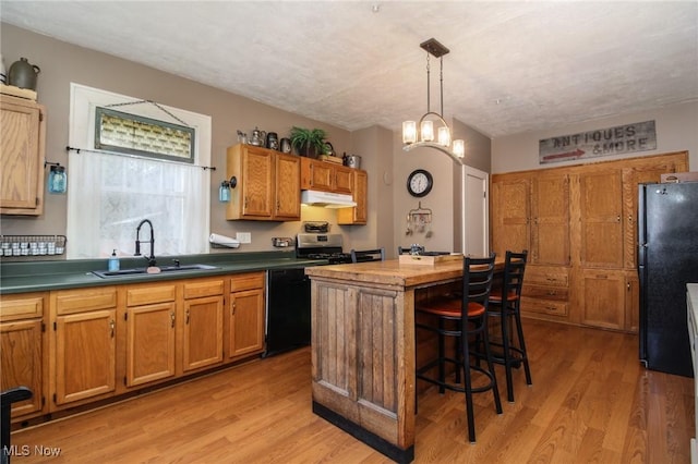 kitchen featuring a sink, black appliances, light wood finished floors, and under cabinet range hood