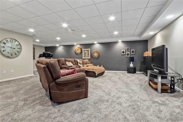 carpeted living room with baseboards and recessed lighting