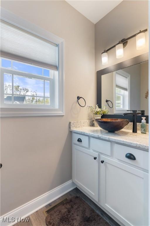 bathroom with vanity, baseboards, visible vents, and wood finished floors