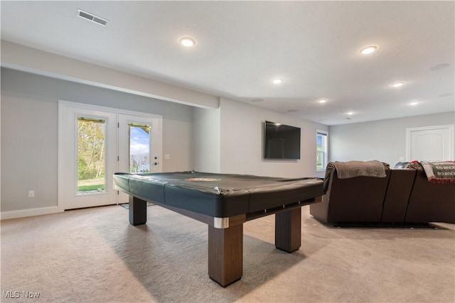 recreation room featuring light colored carpet, billiards, visible vents, and recessed lighting