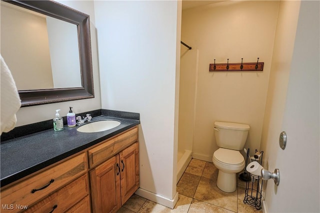 full bathroom with baseboards, toilet, a shower stall, tile patterned floors, and vanity
