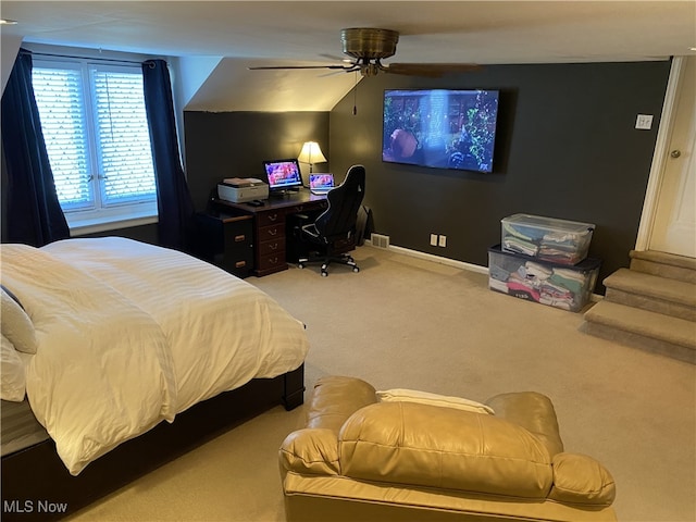 carpeted bedroom featuring ceiling fan, baseboards, and visible vents