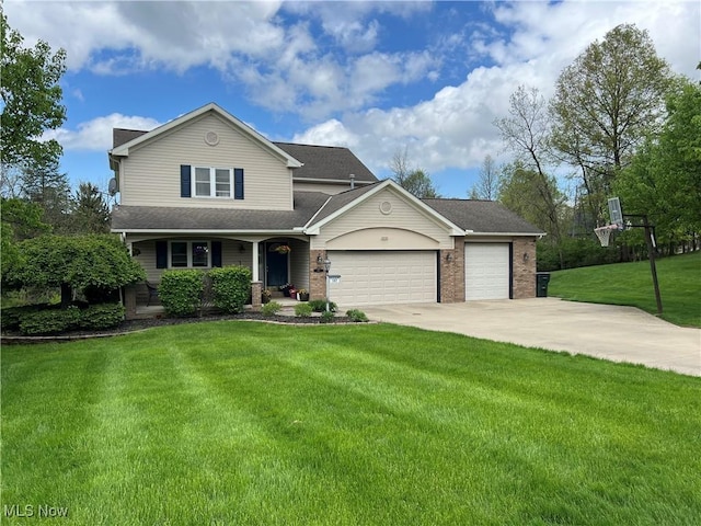 traditional-style home with covered porch, an attached garage, brick siding, driveway, and a front lawn