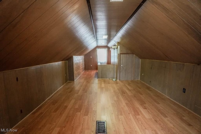 additional living space with wood finished floors, wooden walls, visible vents, wooden ceiling, and vaulted ceiling