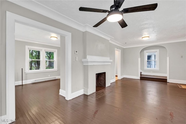 unfurnished living room with a ceiling fan, wood finished floors, a baseboard radiator, and a fireplace
