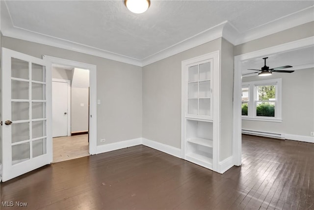 unfurnished room featuring a ceiling fan, baseboards, a baseboard radiator, and hardwood / wood-style flooring