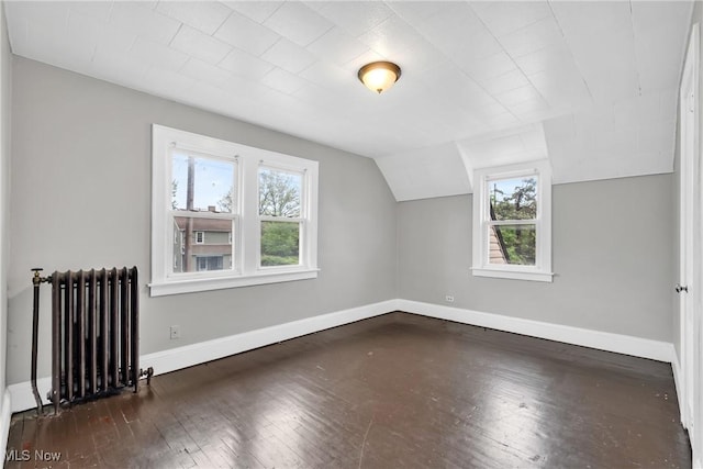 bonus room with baseboards, radiator, a healthy amount of sunlight, and wood-type flooring