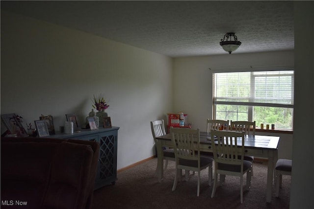 carpeted dining space featuring a textured ceiling and baseboards
