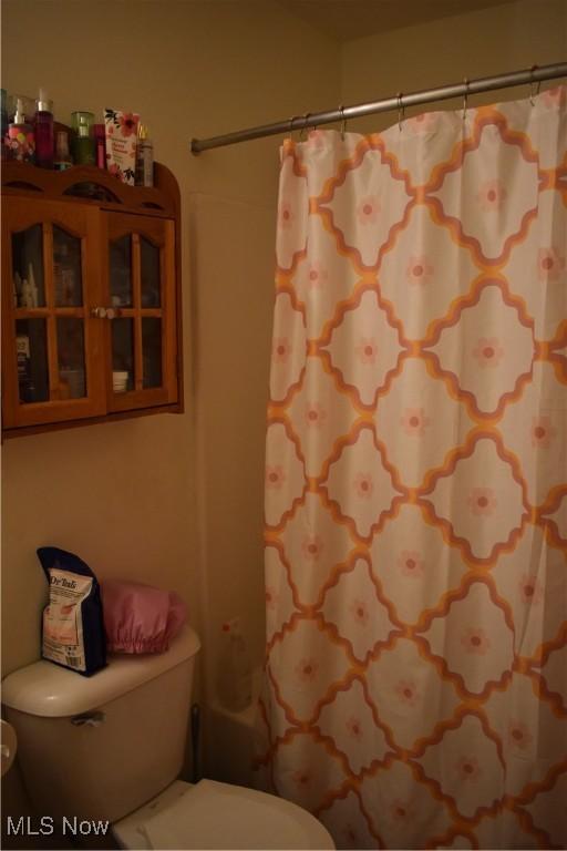 full bathroom featuring toilet and a shower with curtain