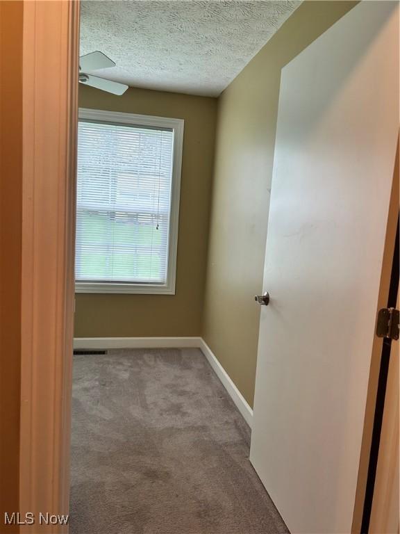 unfurnished room with baseboards, carpet flooring, and a textured ceiling