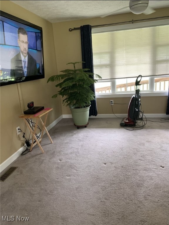 interior space with carpet flooring, a textured ceiling, visible vents, and baseboards