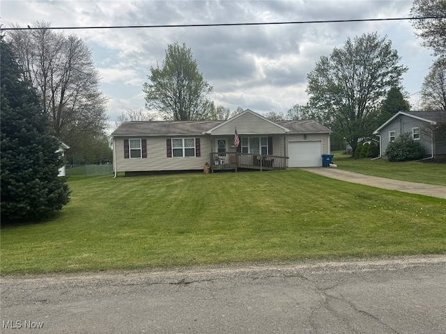 ranch-style house with concrete driveway, a porch, a front lawn, and an attached garage