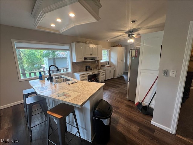 37080 Penrose Ln, Cadiz, OH 43907 - kitchen with a sink, baseboards, light countertops, white cabinetry, and freestanding refrigerator