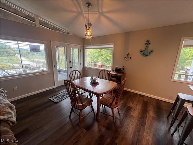 37080 Penrose Ln, Cadiz, OH 43907 - dining space featuring baseboards, dark wood-style floors, lofted ceiling, and french doors