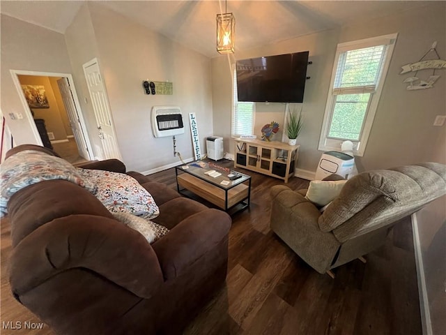 37080 Penrose Ln, Cadiz, OH 43907 - living room featuring heating unit, dark wood finished floors, baseboards, and lofted ceiling