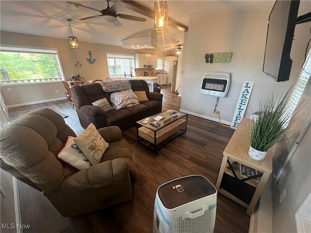 37080 Penrose Ln, Cadiz, OH 43907 - living area with heating unit, a ceiling fan, baseboards, and dark wood-style floors