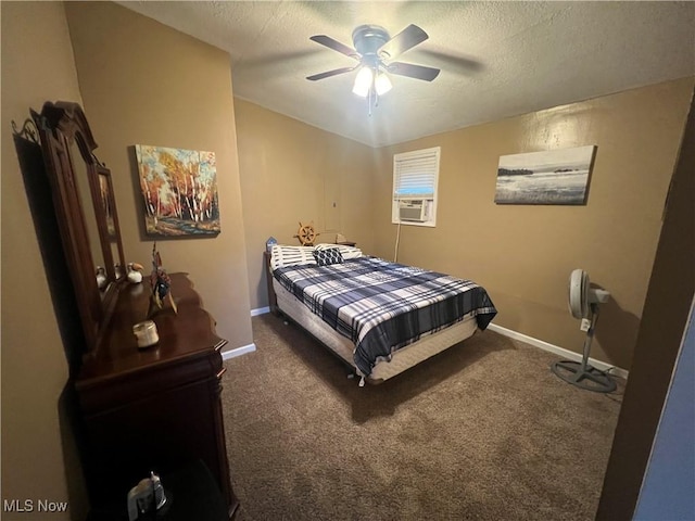 37080 Penrose Ln, Cadiz, OH 43907 - bedroom with carpet flooring, a textured ceiling, baseboards, a ceiling fan, and cooling unit