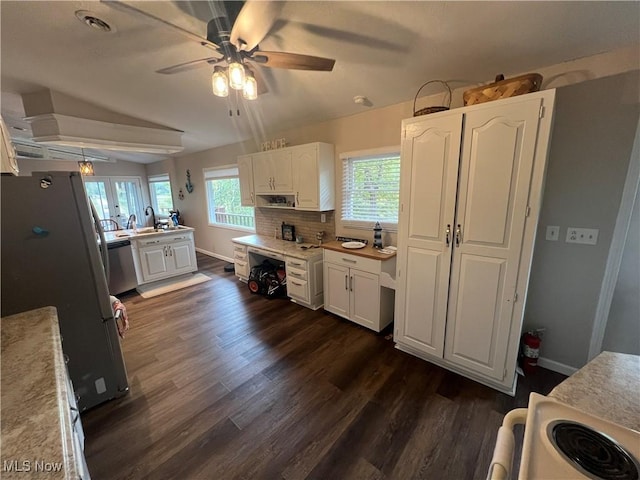37080 Penrose Ln, Cadiz, OH 43907 - kitchen featuring freestanding refrigerator, a ceiling fan, white cabinetry, and dark wood-style flooring