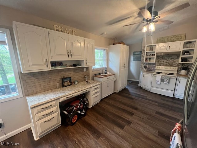 37080 Penrose Ln, Cadiz, OH 43907 - kitchen with open shelves, electric range, and white cabinets