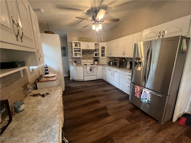 37080 Penrose Ln, Cadiz, OH 43907 - kitchen with stainless steel appliances, open shelves, decorative backsplash, white cabinets, and ceiling fan