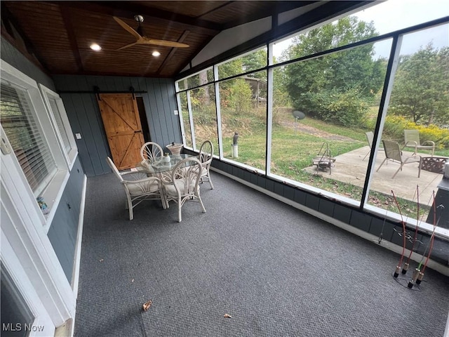 37080 Penrose Ln, Cadiz, OH 43907 - sunroom / solarium with a barn door, lofted ceiling, and a ceiling fan