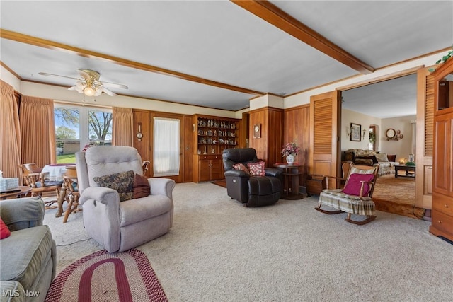 living area featuring a ceiling fan and carpet