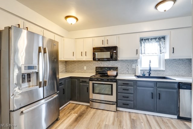 kitchen with a sink, decorative backsplash, light countertops, white cabinets, and appliances with stainless steel finishes
