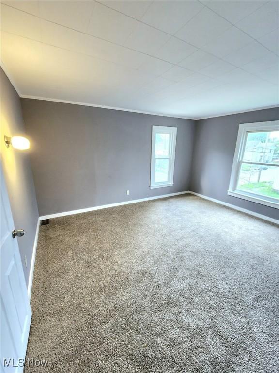 spare room featuring carpet, baseboards, and ornamental molding