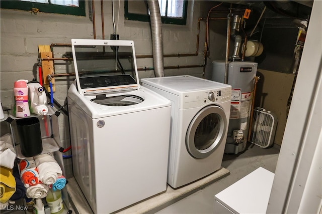 laundry room with separate washer and dryer, concrete block wall, laundry area, and gas water heater