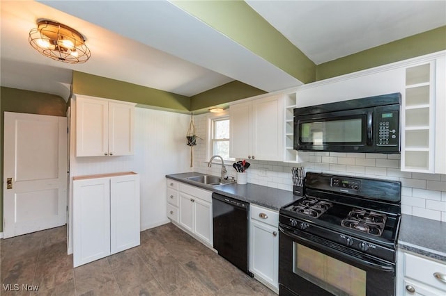 3019 Clague Rd, North Olmsted, OH 44070 - kitchen with a sink, open shelves, black appliances, and tasteful backsplash