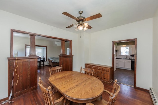 3019 Clague Rd, North Olmsted, OH 44070 - dining room with dark wood-style floors, a baseboard radiator, a wealth of natural light, and ceiling fan