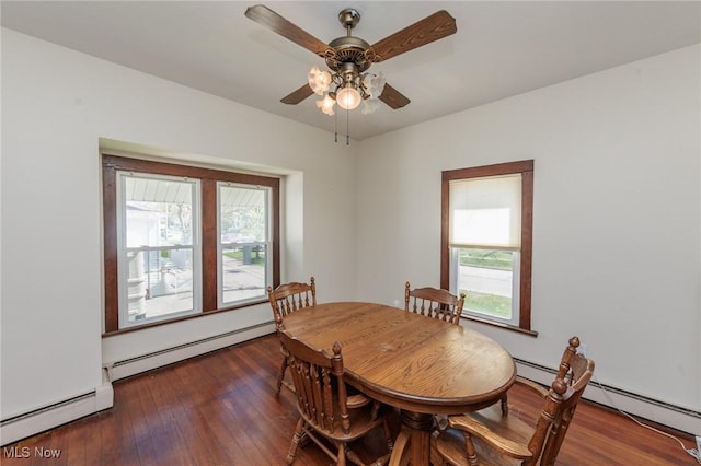 3019 Clague Rd, North Olmsted, OH 44070 - dining space with wood finished floors, a ceiling fan, and a baseboard heating unit