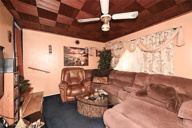 carpeted living room with wood ceiling and a ceiling fan