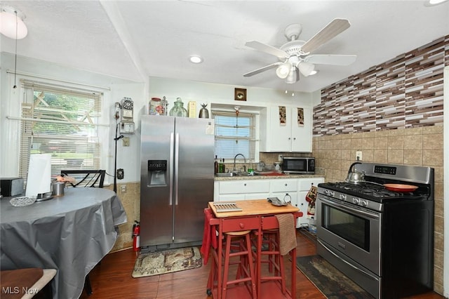 kitchen featuring light countertops, white cabinetry, stainless steel appliances, and a healthy amount of sunlight