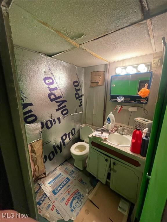 bathroom featuring toilet, vanity, and a textured ceiling