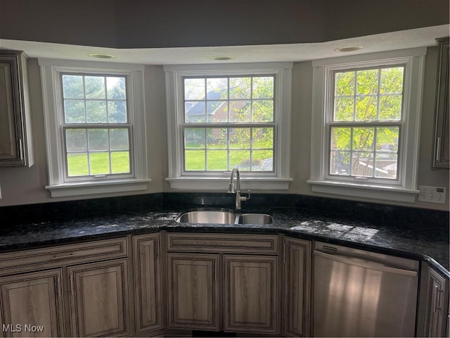 7966 Meadowbrooke Trl, Poland, OH 44514 - kitchen featuring dark stone counters, stainless steel dishwasher, and a sink