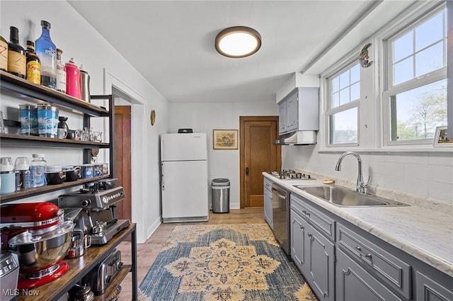 kitchen featuring light wood-style flooring, under cabinet range hood, a sink, appliances with stainless steel finishes, and gray cabinets
