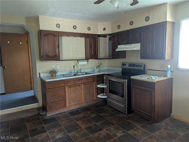 10648 State Route 37 E, New Lexington, OH 43764 - kitchen featuring a sink, under cabinet range hood, plenty of natural light, and electric range