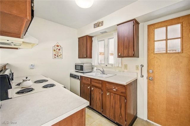 kitchen with white electric range oven, dishwashing machine, a sink, under cabinet range hood, and light countertops